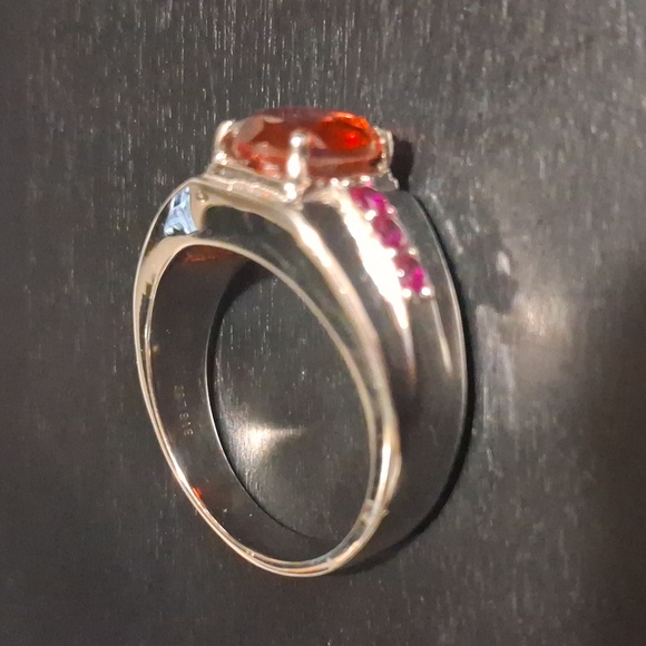 Men's Salmon Quartz & Ruby CZ Stainless Steel Ring - Picture 7 of 14